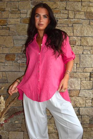 Pia Pillow Cotton Embroidered Tile Classic Shirt Hot Pink